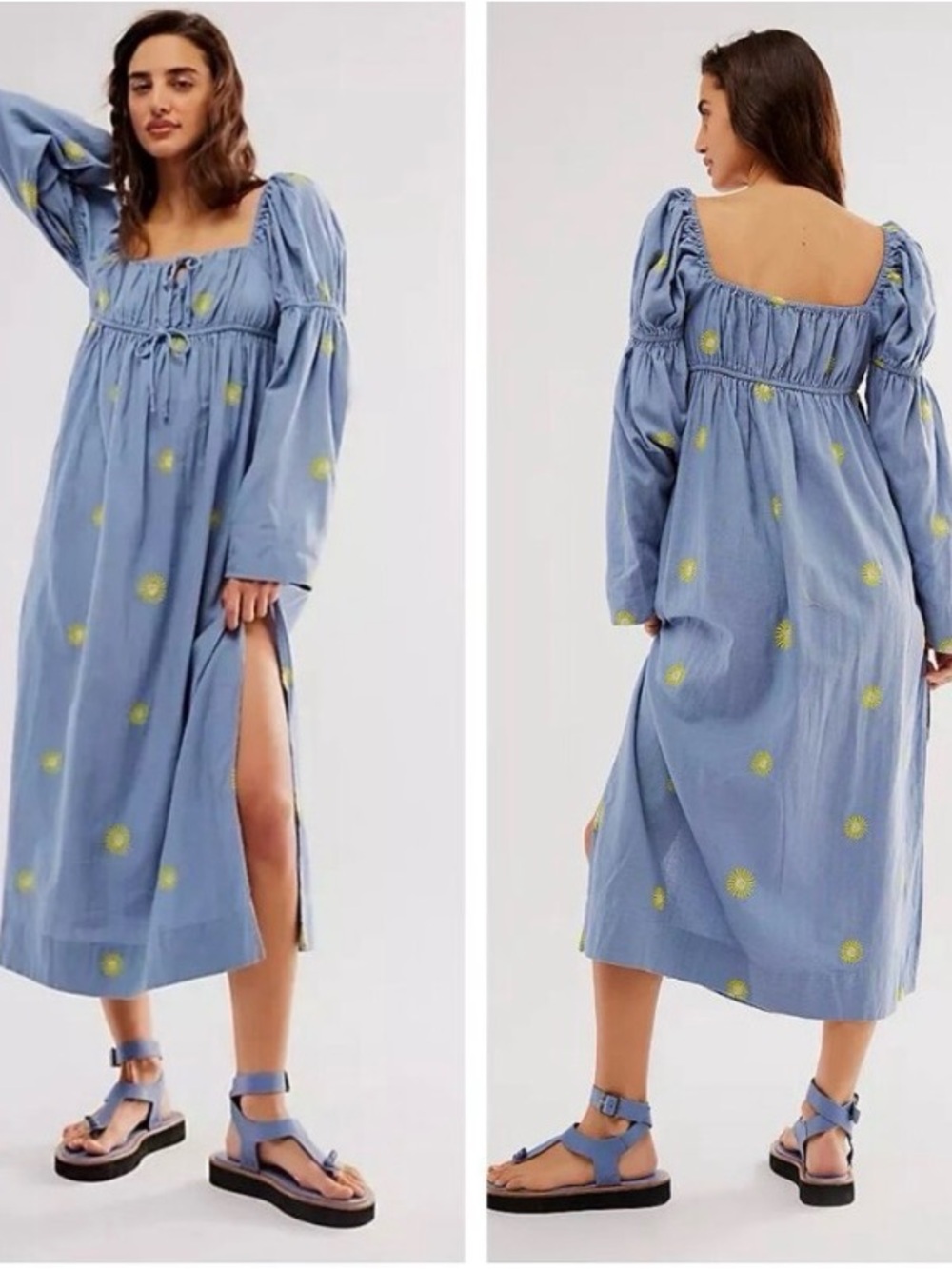 Free People Emory Maxi Dress with Yellow Sunburst Embroidery